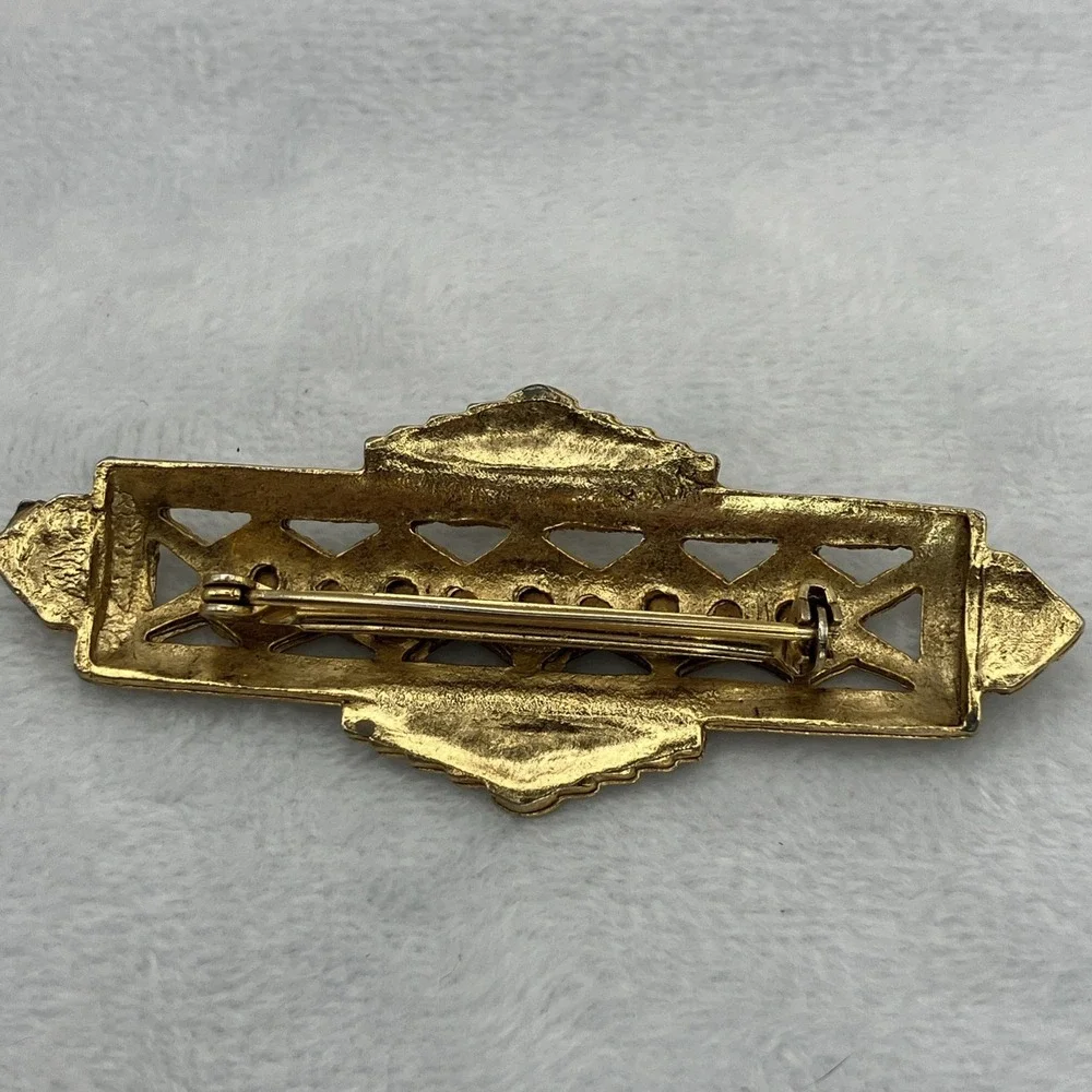 Art Deco Clear Red Rhinestones Bar Brooch Gold Tone Great Gatsby Flapper Glamour